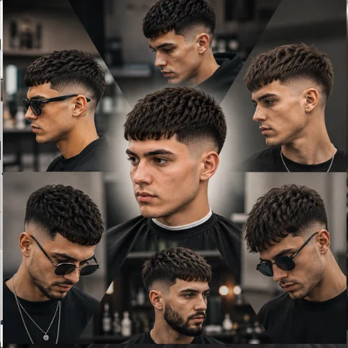Modern collage of stylish men with French Crop Fade haircuts in a barbershop setting, featuring various textured styles with clean fades and streetwear looks on a dark cinematic background.