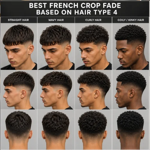 Grid-style hairstyle image showing the best French Crop Fade styles for four different hair types: straight, wavy, curly, and coily hair. Each hairstyle is displayed from front, side, and back angles with clean taper fades and textured tops on a neutral background.