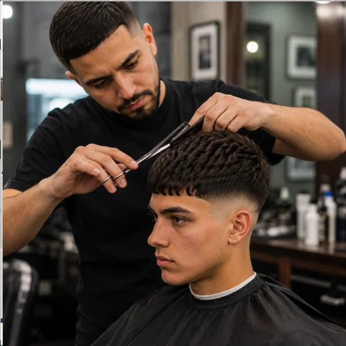 A realistic modern barbershop scene showing a professional barber giving a young man a French Crop Fade haircut. The barber is trimming the textured top with scissors while the client sits in a black barber cape. The haircut features a clean low taper fade with a sharp cropped fringe in a stylish indoor salon setting.