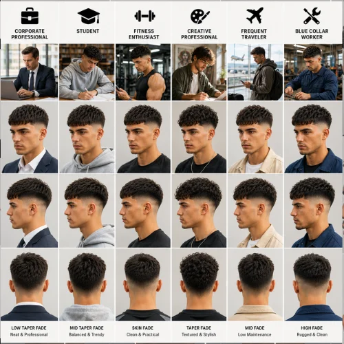 Bright lifestyle-based hairstyle collage featuring different French Crop Fade styles for various lifestyles including corporate professional, student, fitness enthusiast, creative professional, frequent traveler, and blue-collar worker. Each section shows a lifestyle image along with front, side, and back views of matching French Crop Fade haircuts on a clean light background.