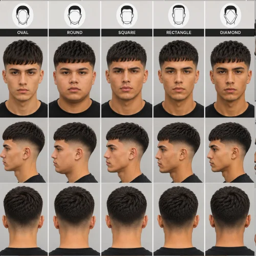 A clean hairstyle comparison image showing French Crop Taper Fade haircuts matched with different face shapes including oval, round, square, rectangle, and diamond. Each face shape includes front, side, and back hairstyle views with textured tops and smooth taper fades on a neutral background.
