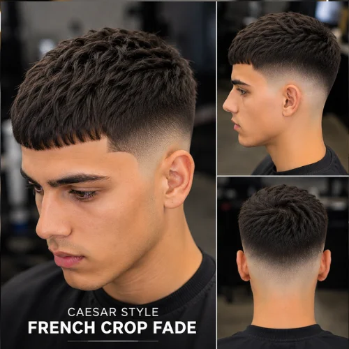Caesar style French crop fade haircut with textured fringe, clean low skin fade, and modern short haircut styling in a professional barbershop look.