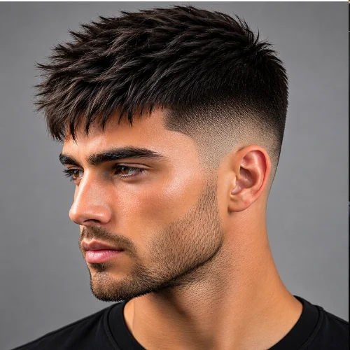 French Crop haircut with straight, smooth hair and a sharp low fade. Clean fringe across the forehead, natural hair shine, precise blending on the sides, and a professional barbershop finish. Studio lighting with focus on the hairstyle and facial features.