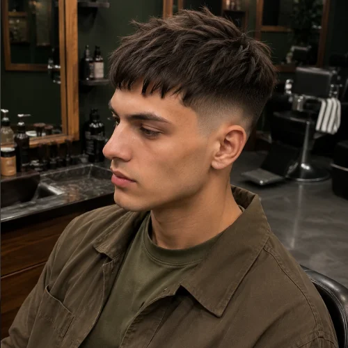 A young man sitting in a modern barber shop with a straight-hair choppy French crop haircut and clean faded sides. He is wearing brown and olive-green clothing. Mirrors, barber chairs, and grooming products are visible in the background. The image contains no text.