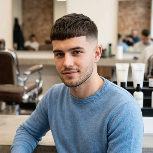Man with a clean French crop fade haircut for straight hair, featuring a neatly textured top and sharp fade on the sides for a fresh, structured look.