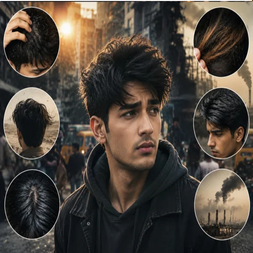 Handsome young man with straight hair facing common hair challenges such as dandruff, oily scalp, frizz, dryness, and pollution damage in an urban environment, illustrated with realistic hair problem visuals