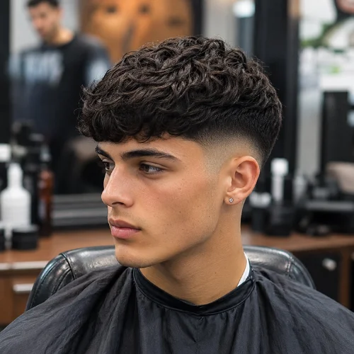 Handsome young man with curly French crop fade haircut sitting in a barber shop, featuring textured curls and clean skin fade styling.