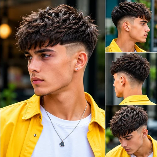Young male model with a disconnected French Crop haircut for straight hair, featuring a sharp fade, defined separation line, textured fringe, and a bright yellow jacket, shown from multiple angles.