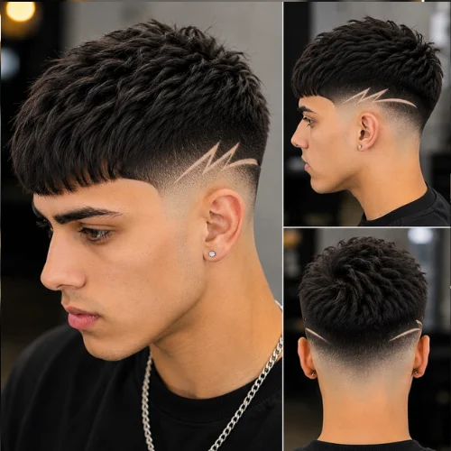 Stylish French crop fade haircut with textured top hair, sharp low skin fade, and modern shaved side design in a professional barbershop style.