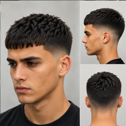 Clean textured top with smooth taper fade. Modern haircut with a sharp and stylish look. Perfect for a fresh and low-maintenance style.