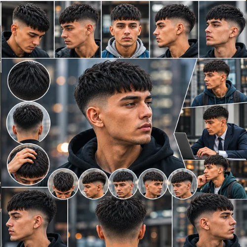 French crop haircut trend 2026 with low fade and modern textured fringe viewed from multiple angles