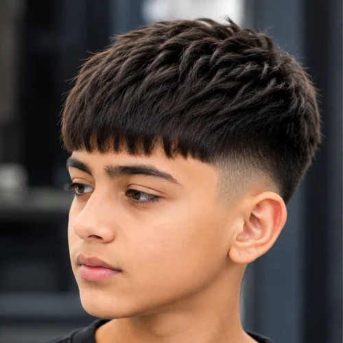 The haircut features a textured top with a clean fringe and a sharp undercut fade on the sides and back. The collage displays front, side, and back views in a modern barbershop-inspired setting, highlighting the haircut's neat structure and youthful appearance.