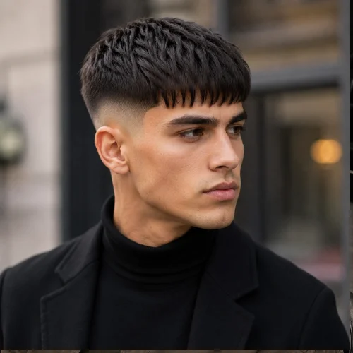 Handsome young man with a French Crop hairstyle featuring a straight fringe, textured top, and clean fade sides, wearing a stylish black turtleneck and coat in an urban setting.