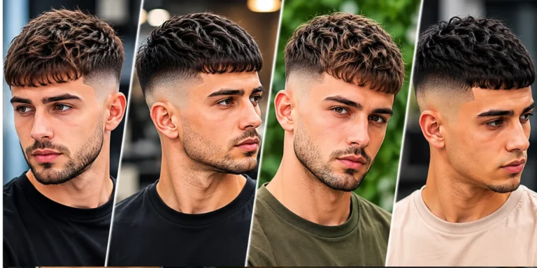 Four men showing different French crop fade haircut styles with textured tops, low fade, mid fade, and modern short crop cuts in a clean side-by-side banner design.