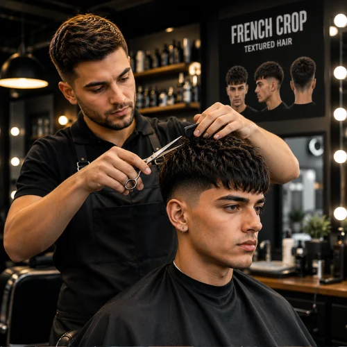 Professional barber creating a textured French crop haircut on a young male client in a modern barbershop with precision styling and clean fade details.