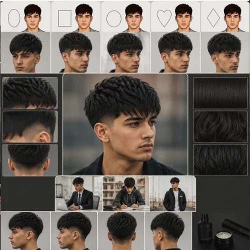 Guide to choosing the best French crop haircut for straight hair, featuring different face shapes, hair textures, lifestyle examples, and multiple French crop styling variations for men.