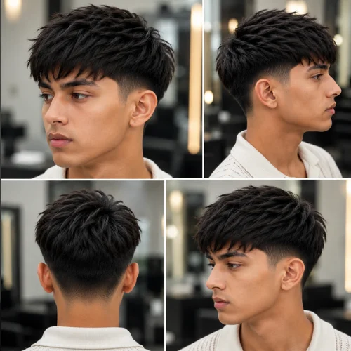 A young man with a layered French crop hairstyle and straight textured hair, shown from multiple angles in a professional salon setting. The haircut features a clean fade on the sides and back with voluminous layered hair on top, creating a modern and stylish look.