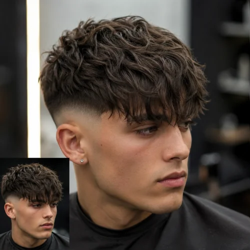 Handsome male model with a long fringe French crop fade haircut featuring textured layered hair on top and a clean low skin fade on the sides in a modern barbershop setting.