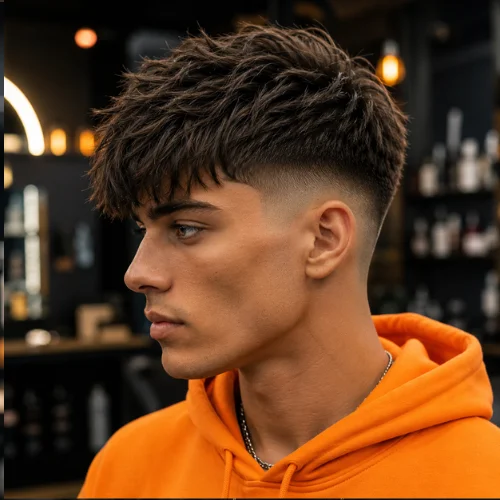 A handsome young man with a messy crop low taper fade haircut, featuring textured dark hair on top and a smooth taper fade around the sides and neckline. He is wearing a bright orange hoodie and standing in a modern barbershop with warm cinematic lighting and an eye-catching blurred background, creating a stylish and trendy look.