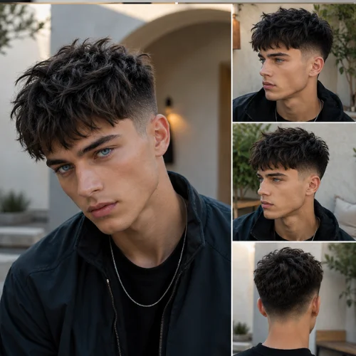 A handsome young American man with blue eyes and a messy French crop hairstyle inspired by Asian trends. The haircut features textured layers on top and a clean fade on the sides. He is wearing a stylish black jacket and silver chain necklace, photographed in a modern luxury courtyard with soft lighting, elegant architecture, and a visually appealing background.