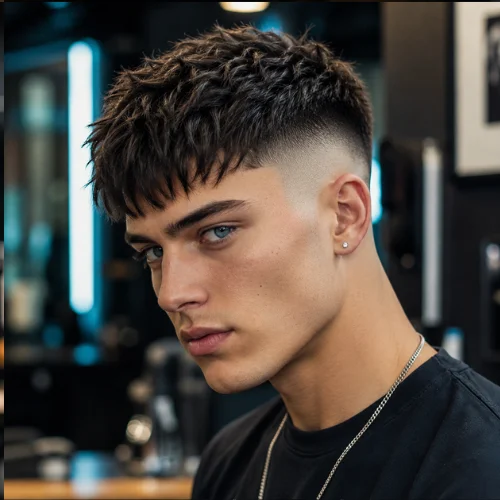 A young man with blue eyes and a textured French crop skin fade haircut in a modern barbershop setting.