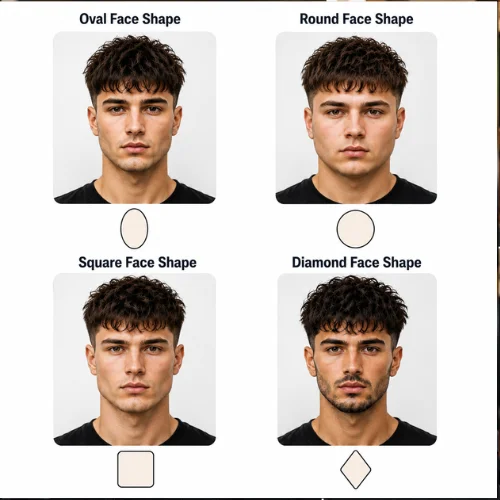 Face shape guide showing the best messy French crop hairstyles for oval, round, square, and diamond face shapes.