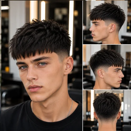A young man with a straight-hair messy French crop haircut and a clean fade.
