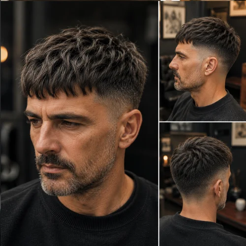 A middle-aged man with a messy French crop haircut, featuring textured salt-and-pepper hair on top and a clean fade on the sides. He has a neatly groomed beard and is photographed in a stylish modern barbershop with warm lighting and a sophisticated background.