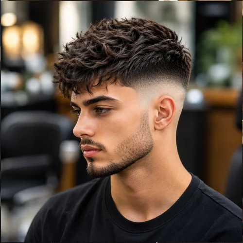 Young man with a Messy textured French crop high fade haircut and clean beard in a modern barbershop setting.