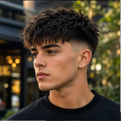 A handsome young man with a messy French crop low fade hairstyle, showcasing textured hair and a seamless low fade. The portrait is captured outdoors with soft natural light and a blurred urban background, creating a fresh and fashionable appearance.