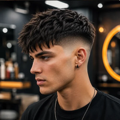 A handsome young man with a messy French crop mid fade haircut, featuring textured hair on top and a clean mid fade on the sides. The hairstyle offers a modern, stylish appearance with natural volume and a sharp finish.