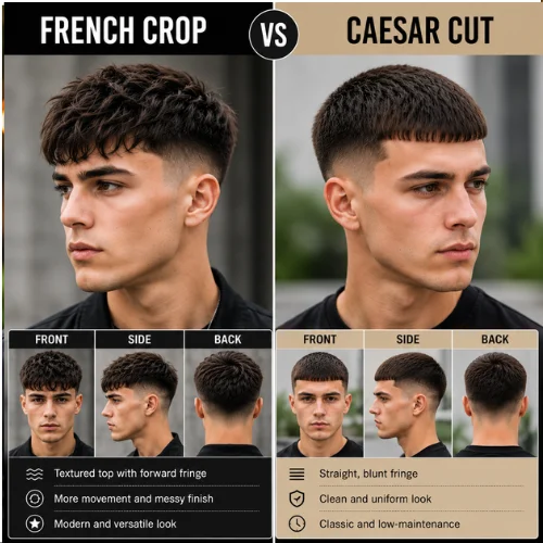 French Crop vs Caesar Cut Haircut Comparison Featuring Two Young Men with Modern Fade Hairstyles