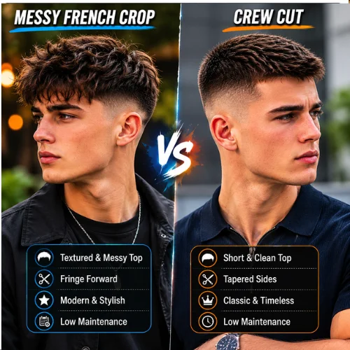 Messy French Crop vs Crew Cut Haircut Comparison Featuring Two Stylish Young Men with Modern Fade Hairstyles