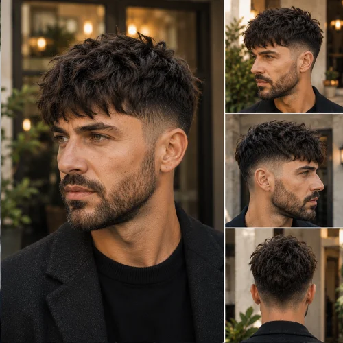 A handsome middle-aged man with a messy French crop haircut and a well-groomed beard. The hairstyle features textured hair on top with a clean fade on the sides. He is dressed in a stylish black outfit and photographed in an elegant outdoor setting with warm lighting, modern architecture, and a sophisticated blurred background.