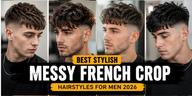 four men with Messy French crop haircut with textured top, short fringe, and clean skin fade sides for a modern edgy hairstyle look.