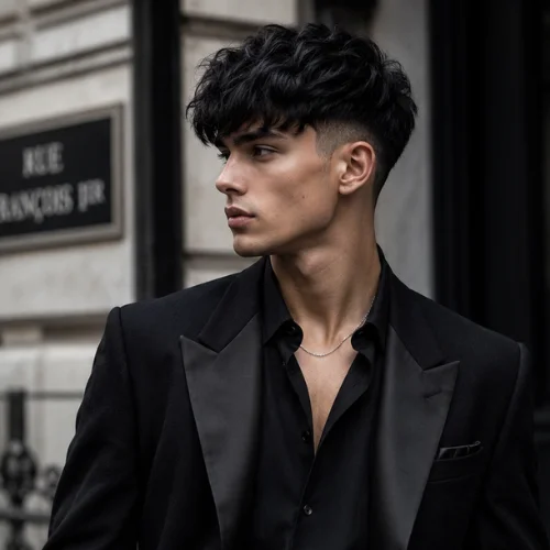 A stylish young man with a modern French Crop haircut for straight hair, wearing a sleek black outfit, showcasing a sharp, clean fringe and textured top in a square format.