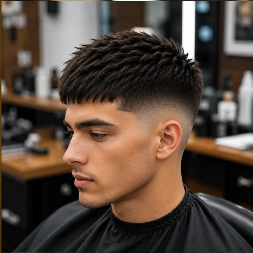 Modern low fade French crop haircut for men with textured fringe and clean faded sides
