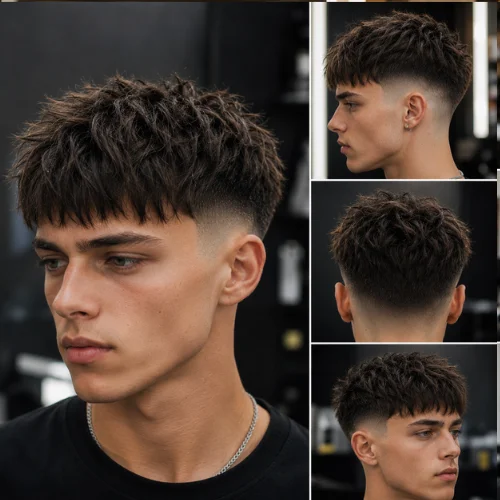 A handsome young man with a modern messy French crop haircut, featuring textured hair on top and a clean skin fade on the sides. The hairstyle is showcased in a stylish dark studio setting with professional lighting and a contemporary look.