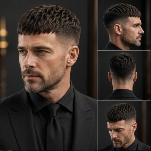Professional middle-aged man with a modern French crop haircut, straight textured top, clean fade sides, and a black formal suit showcased from multiple angles.