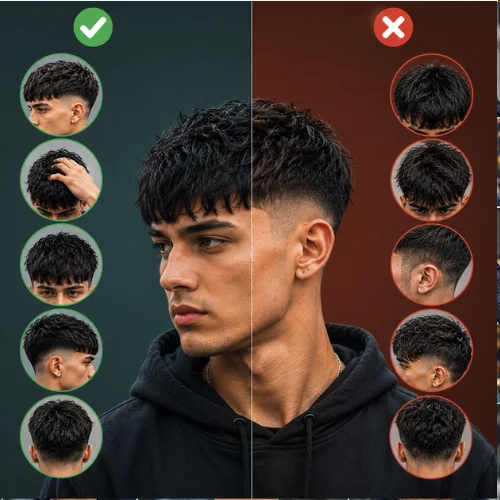French crop haircut pros and cons comparison showing textured fringe, faded sides, styling versatility, and maintenance considerations from multiple angles.