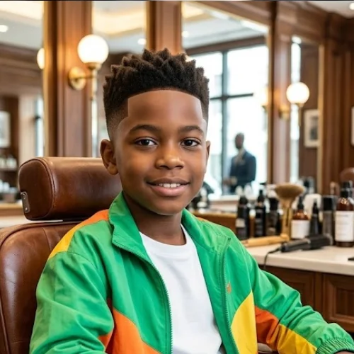 A young boy with a sharp hairline French crop haircut sitting confidently in a leather chair inside a luxurious, classic barbershop with warm lighting. He is wearing a bright green windbreaker jacket with yellow and orange details