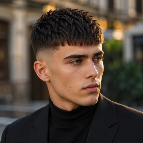 Handsome male model with a short French crop fade haircut and textured top hair in a stylish outdoor setting.