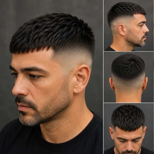 Middle-aged man with a short French crop haircut and straight hair, styled with a clean fade in a professional studio setting.