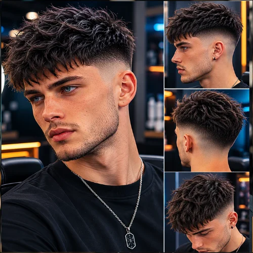 A handsome American man with a short messy French crop haircut featuring textured hair on top and a clean skin fade on the sides. He is seated in a modern barbershop with stylish lighting, showcasing the haircut from multiple angles in a professional and fashionable setting.