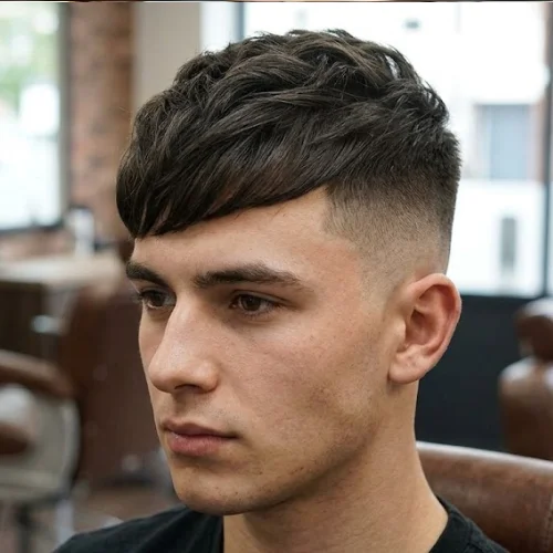 Young man with a stylish Side Swept French Crop haircut featuring a textured fringe, short faded sides, and thick dark hair, photographed in a modern barbershop.