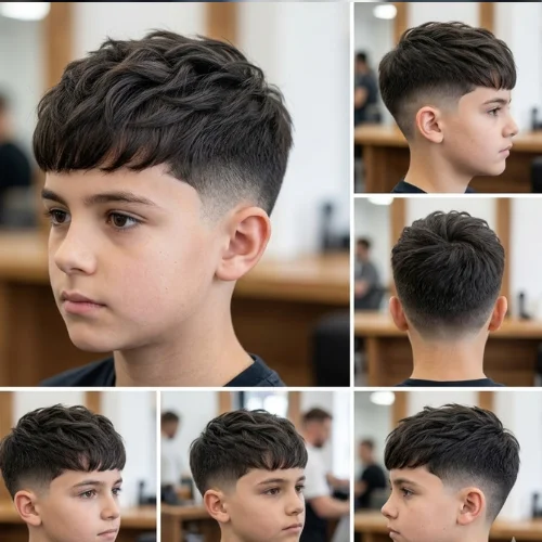 A collage of a teenage boy showcasing a soft textured French crop haircut with a low fade, seen from different angles (front, side, and back view) inside a modern barbershop