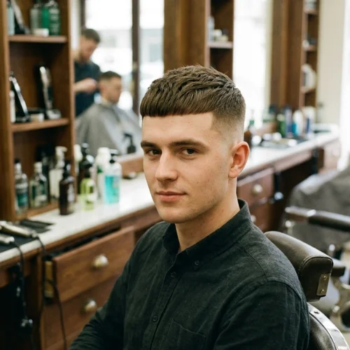 A medium shot of a young man sitting in a vintage leather barber chair, showcasing a precise straight hair French crop haircut with a sharp skin fade on the sides and back. He is looking directly at the camera, wearing a dark gray long-sleeve shirt. The background features a classic, warm-toned barber shop with wooden vanities, mirrors, grooming products, and another barber working on a client in the distance.