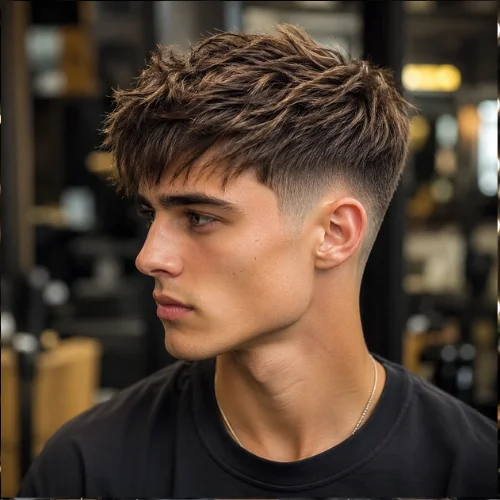 Handsome male model with a textured French crop haircut and straight hair, featuring a clean fade and modern barber-style finish.