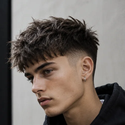 A handsome young man with a textured messy French crop haircut, featuring tousled hair on top and a clean fade on the sides. He is wearing a black hoodie and posing in a modern urban setting with a stylish blurred background. The image showcases multiple angles of the haircut, highlighting its texture and sharp finish.