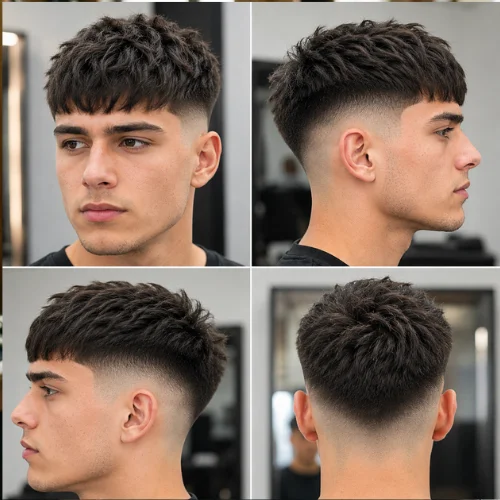 Four-view collage of a young man with thick dark hair wearing a textured French crop fade haircut, shown from the front, side, and back.